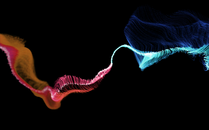 A half red spiral, wavelength line form the left turning into blue halfway across and against a black background