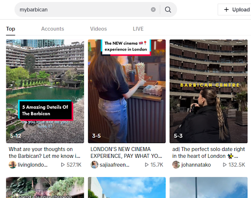 A screenshot of a search for 'MyBarbican' on TikTok.