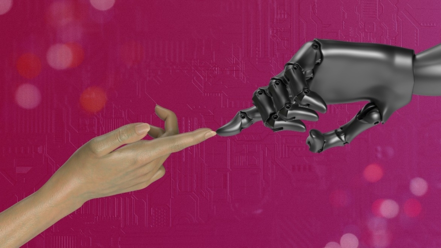 AI image of human and report touching as in the style of Michaelangelo's Sistine Chapel
